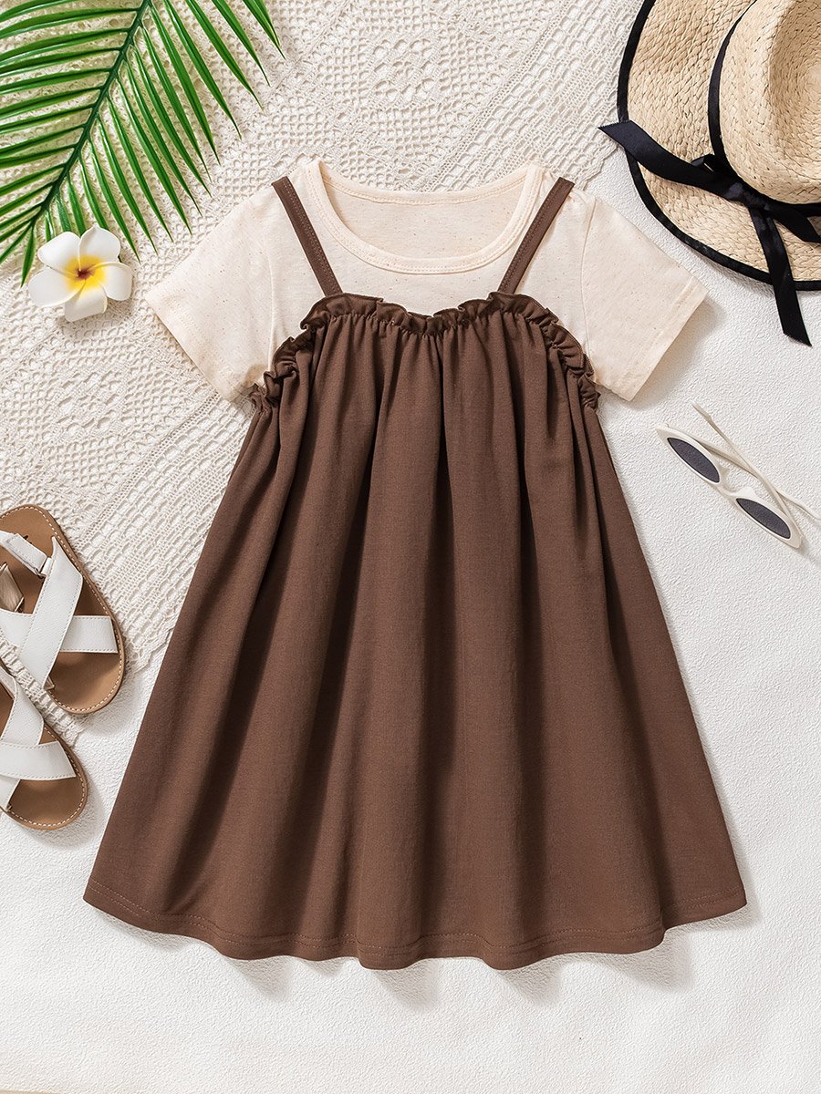 Girls Solid Strappy Dress with Ruffle Trim