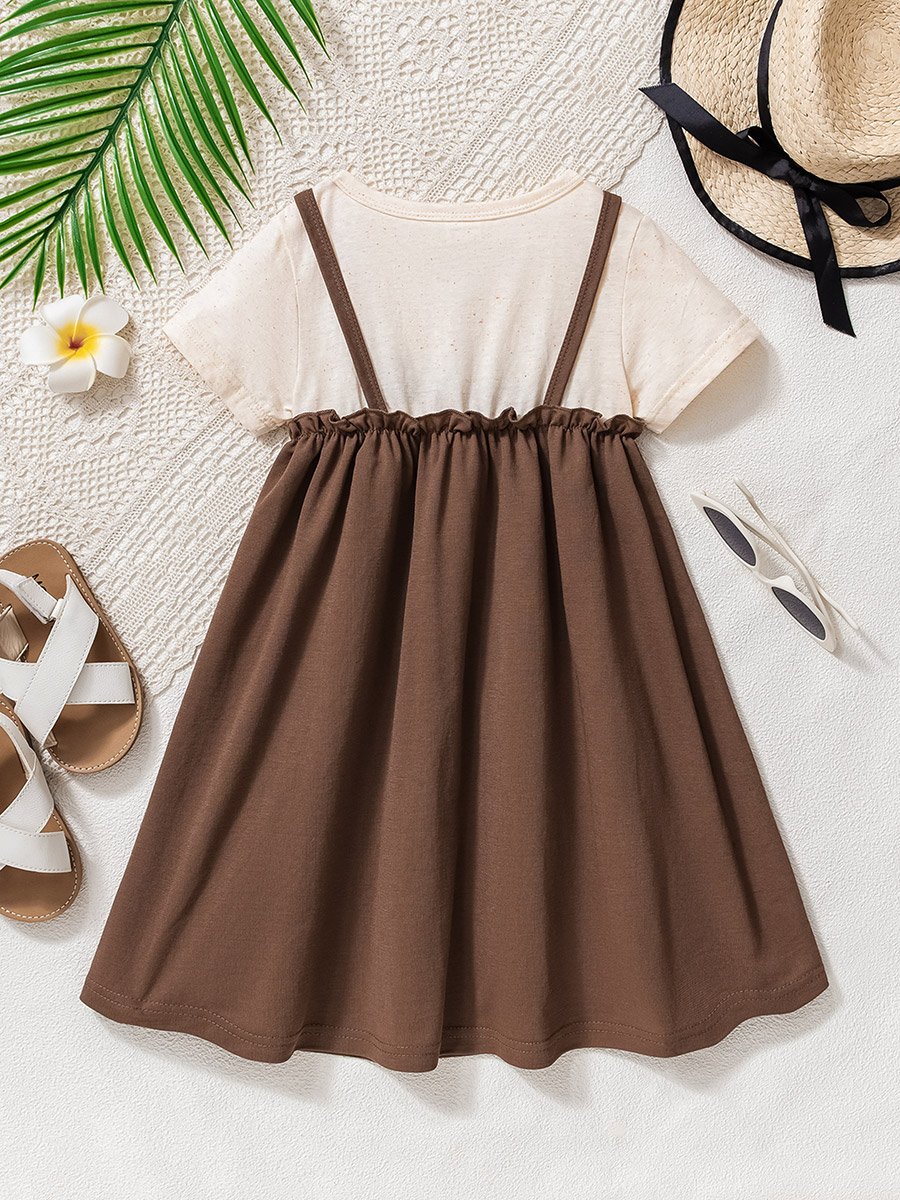 Girls Solid Strappy Dress with Ruffle Trim