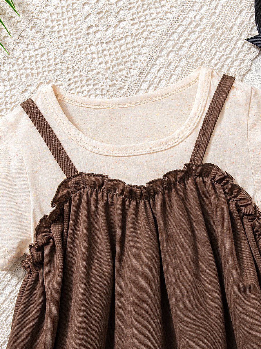Girls Solid Strappy Dress with Ruffle Trim