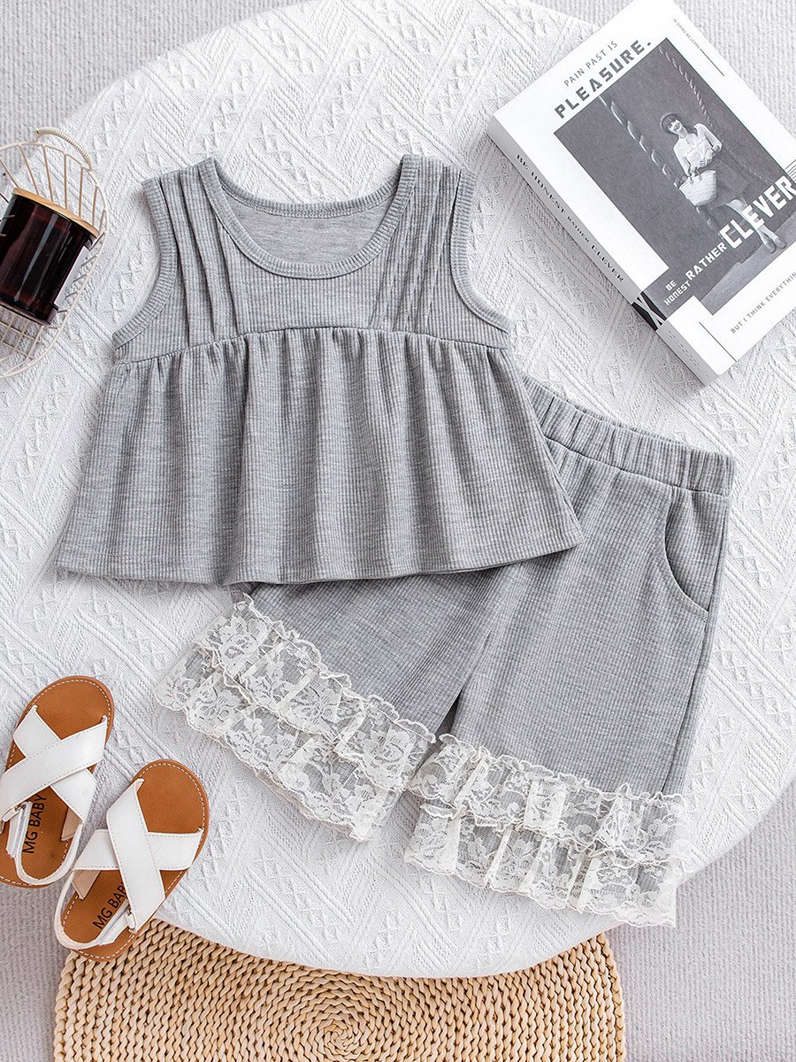 Girls Grey Ribbed Knit Top and Shorts Pyjama Set