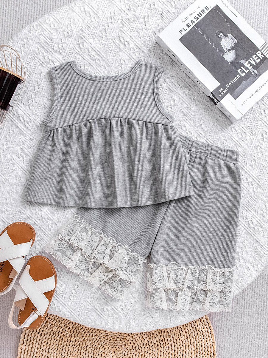 Girls Grey Ribbed Knit Top and Shorts Pyjama Set
