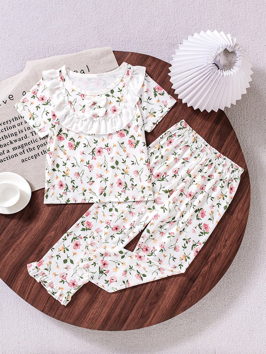 Girls Floral Print Ruffle T-Shirt and Pyjama Set