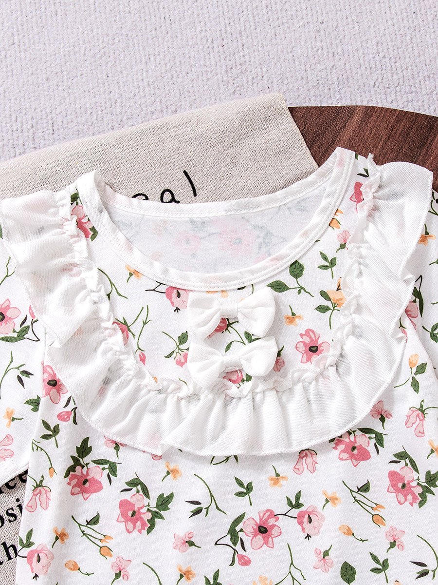 Girls Floral Print Ruffle T-Shirt and Pyjama Set