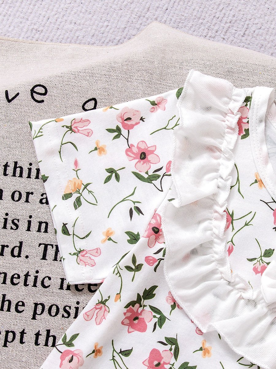 Girls Floral Print Ruffle T-Shirt and Pyjama Set