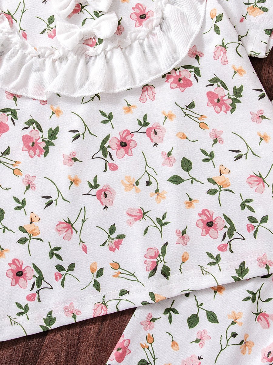 Girls Floral Print Ruffle T-Shirt and Pyjama Set