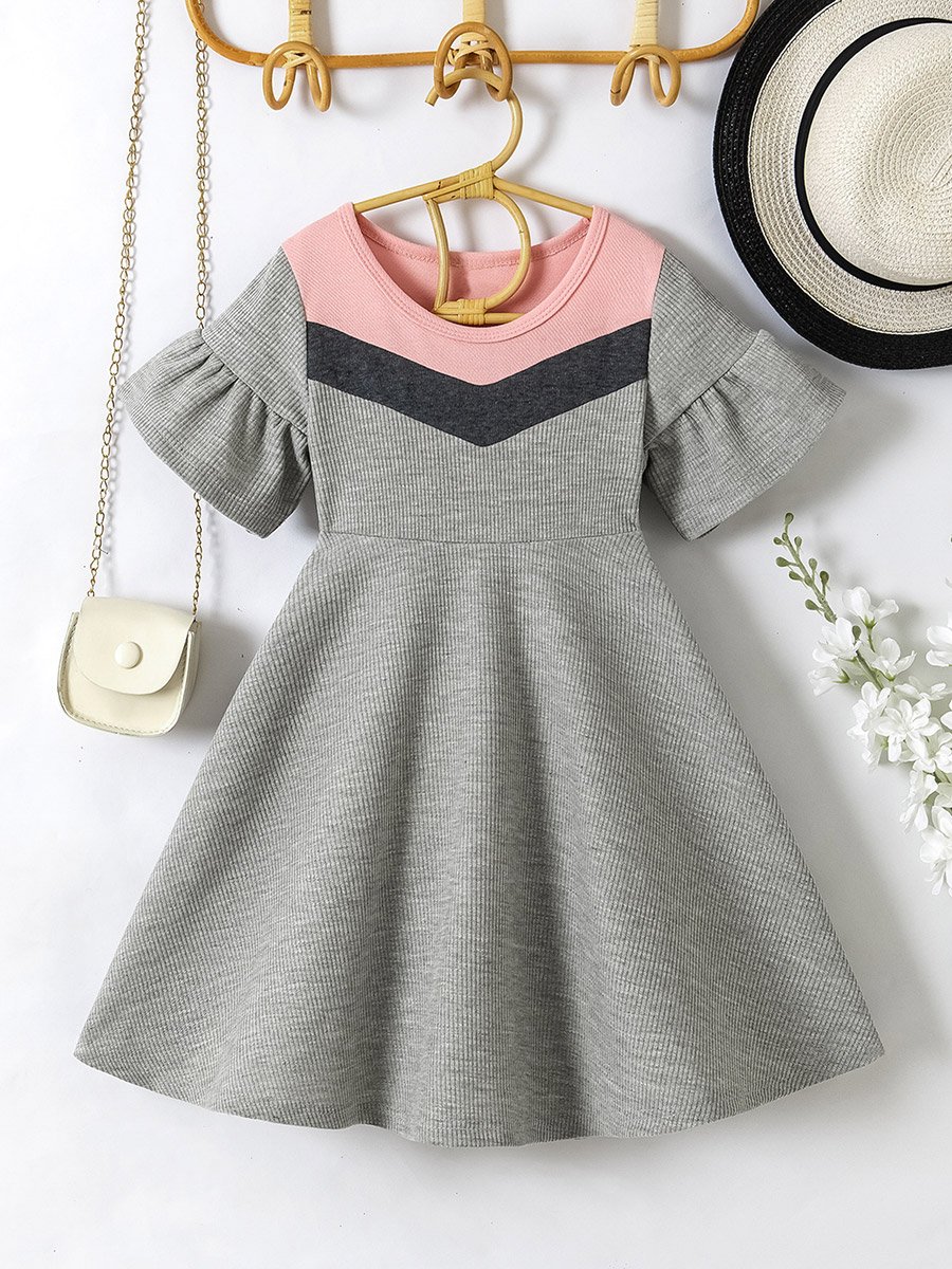 Girls Color Block Ruffle Trim Dress