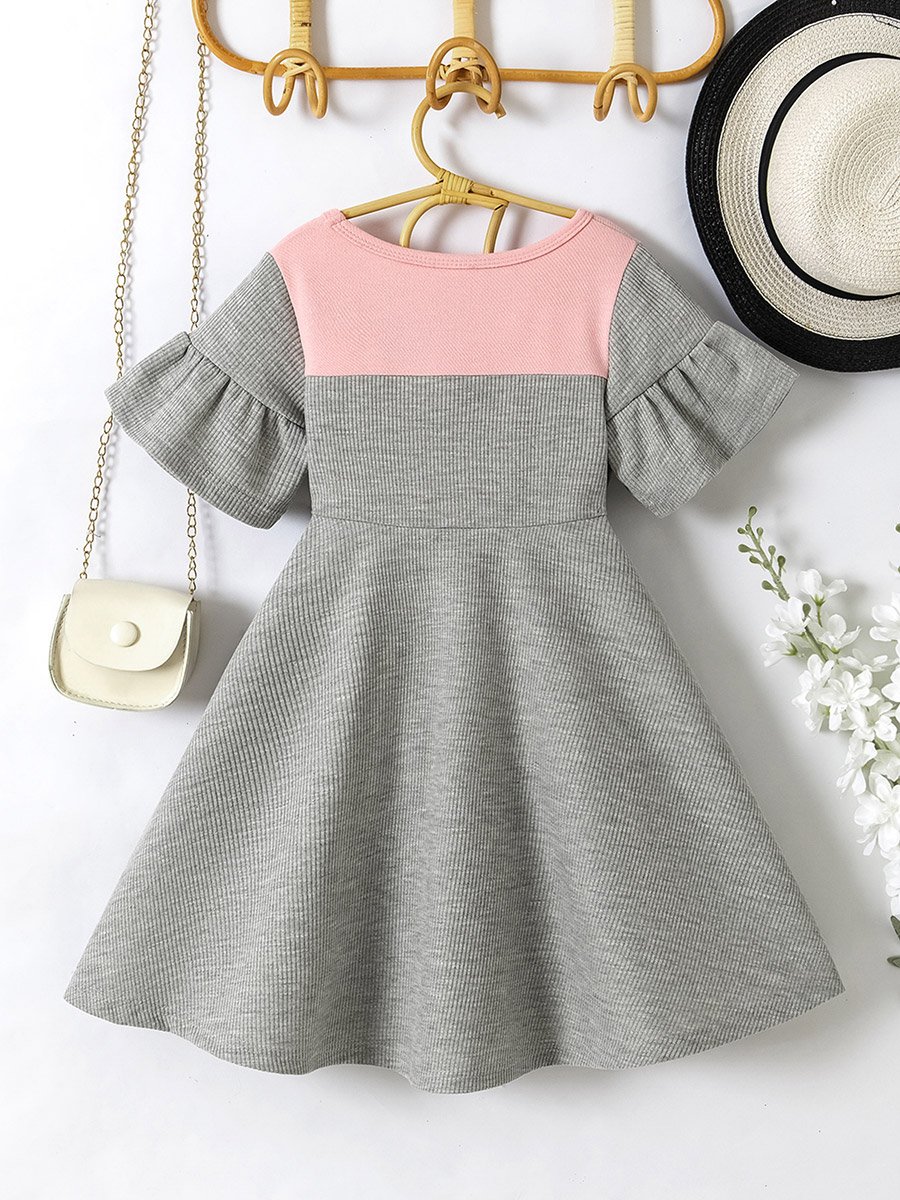 Girls Color Block Ruffle Trim Dress