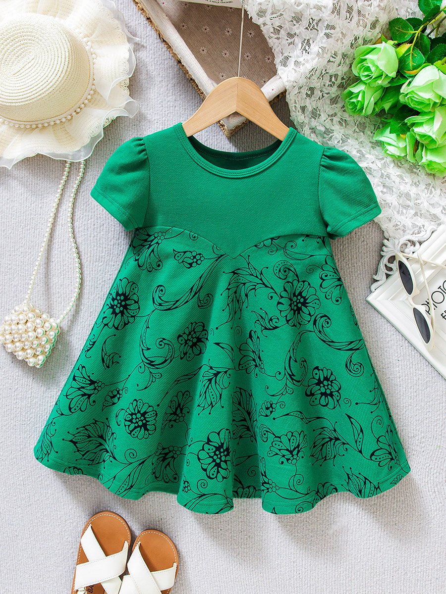 Girls Floral Print Puff Sleeve Dress
