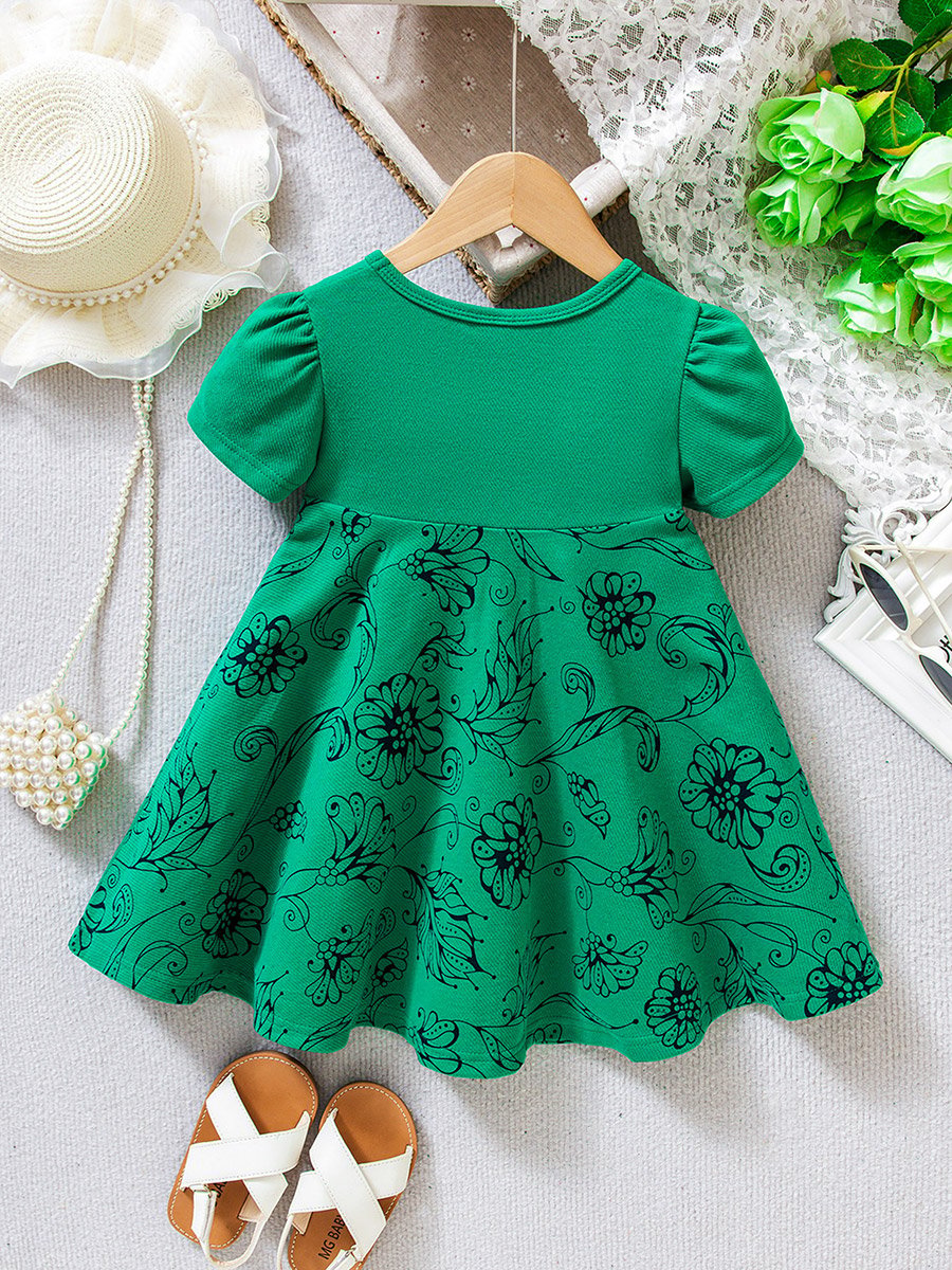 Girls Floral Print Puff Sleeve Dress