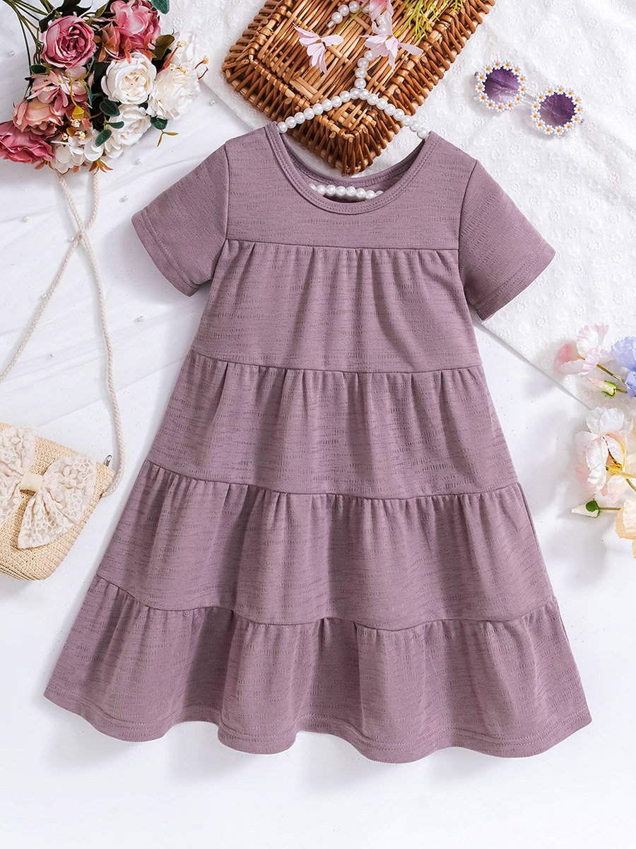 Girls Solid Short Sleeve Tiered Dress