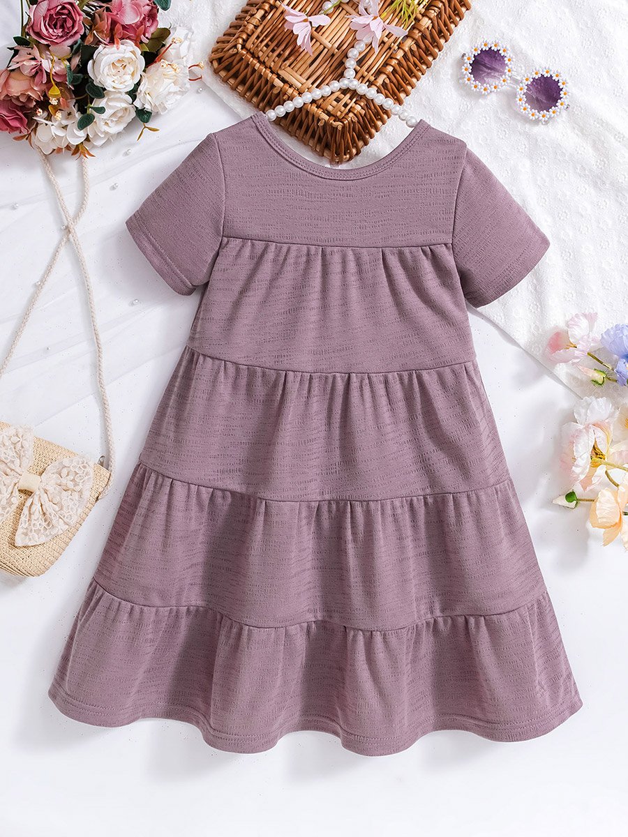 Girls Solid Short Sleeve Tiered Dress