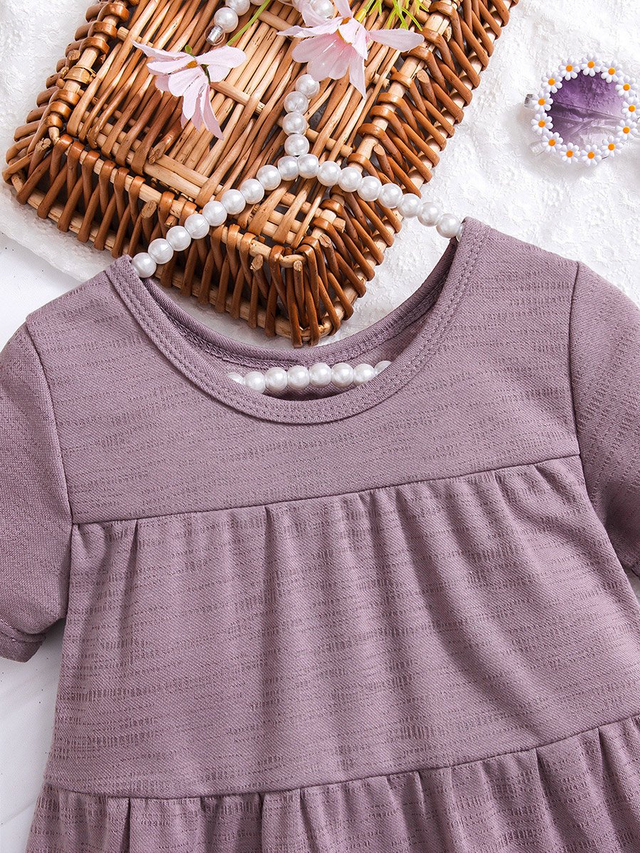 Girls Solid Short Sleeve Tiered Dress