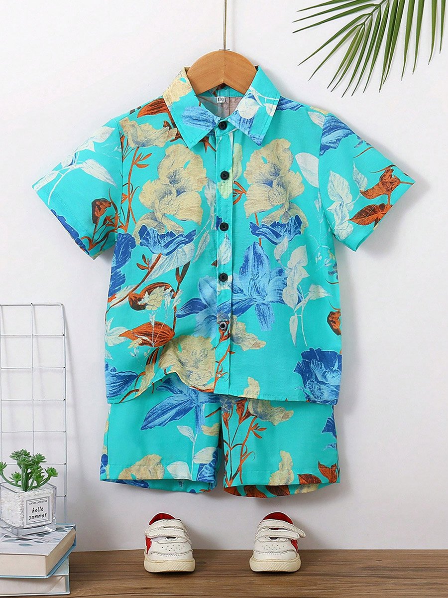 Boys Floral Print Short Sleeve Shirt and Shorts Set