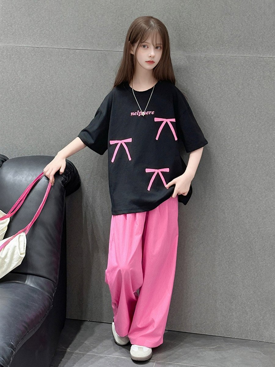 Girls Pink Bow T-Shirt and Wide Leg Pants Set