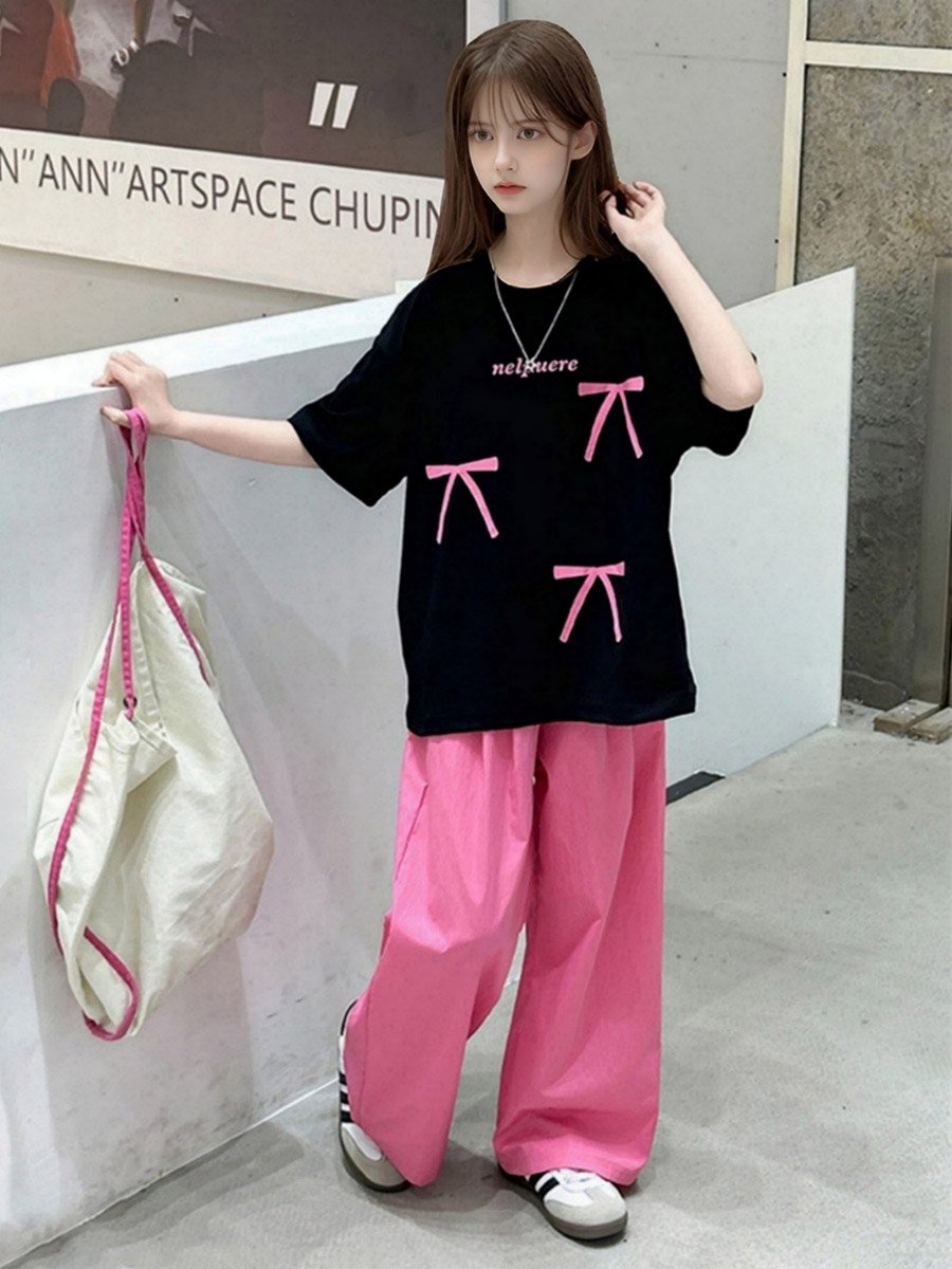 Girls Pink Bow T-Shirt and Wide Leg Pants Set