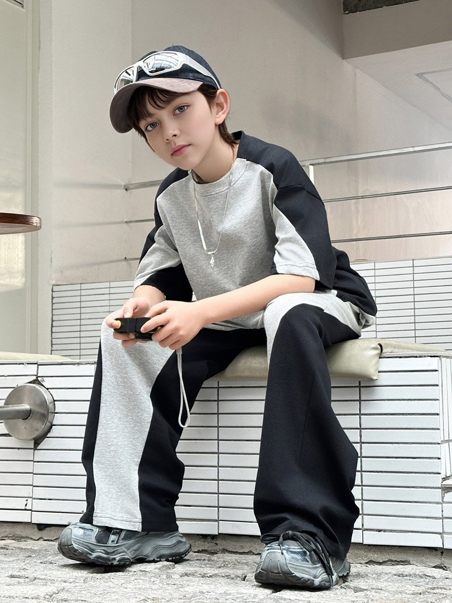 Boys Grey Color Block T-Shirt and Pants Set