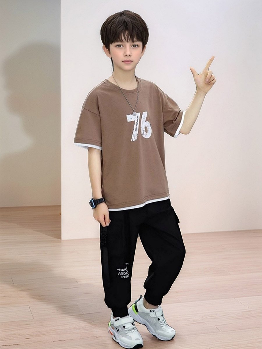 Boys Beige Number Print T-Shirt and Pants Set