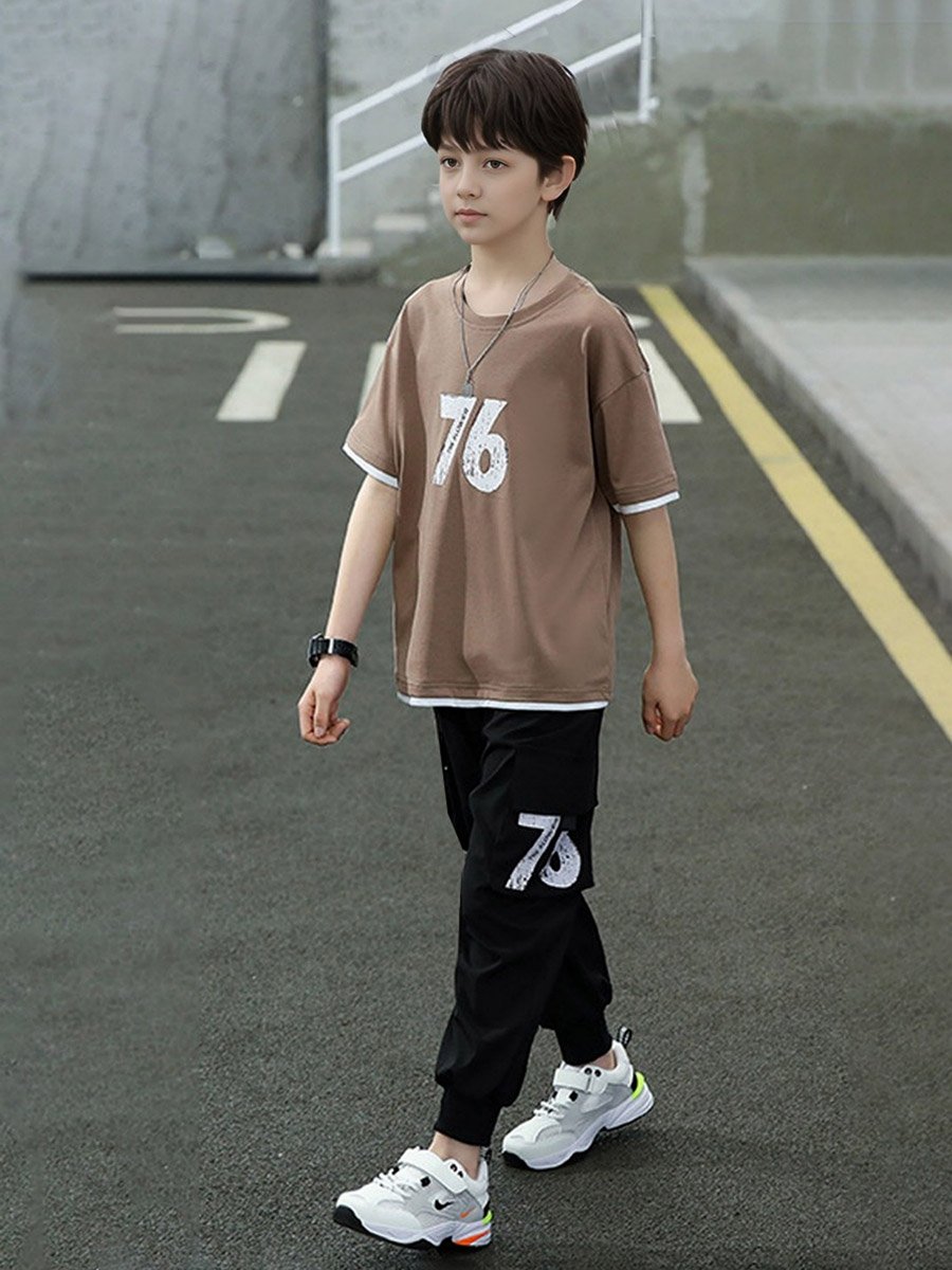 Boys Beige Number Print T-Shirt and Pants Set