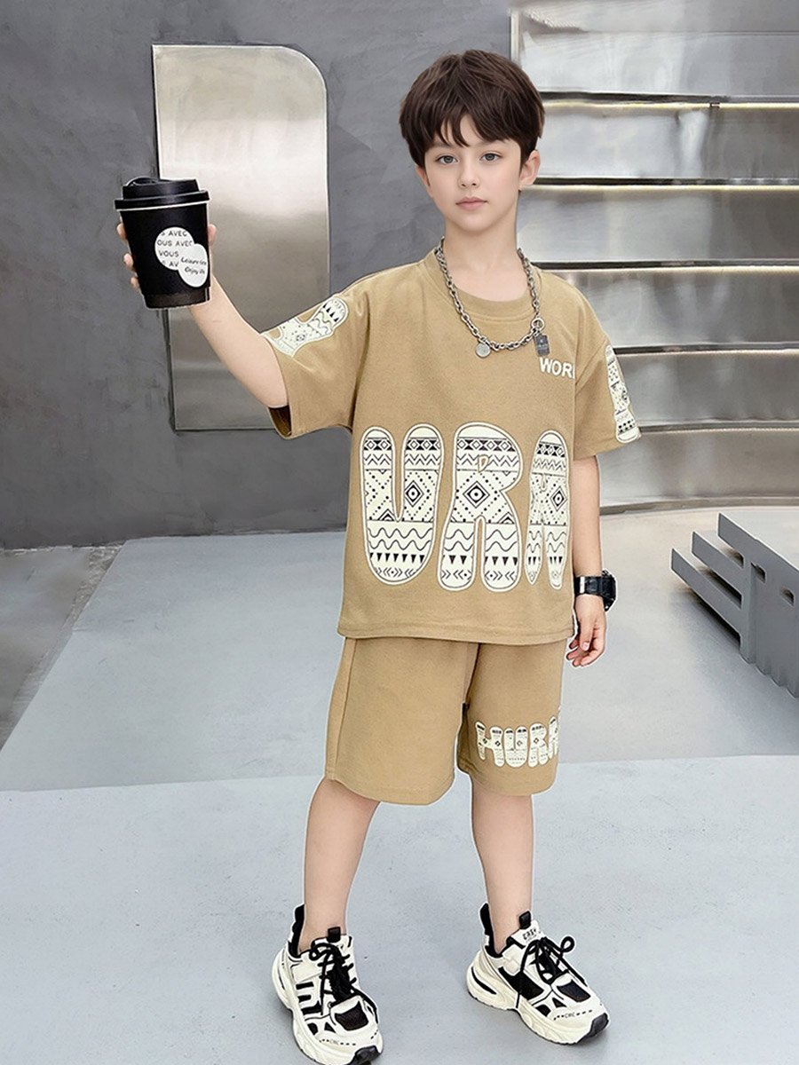 Boys Beige Graphic Print T-Shirt and Shorts Set