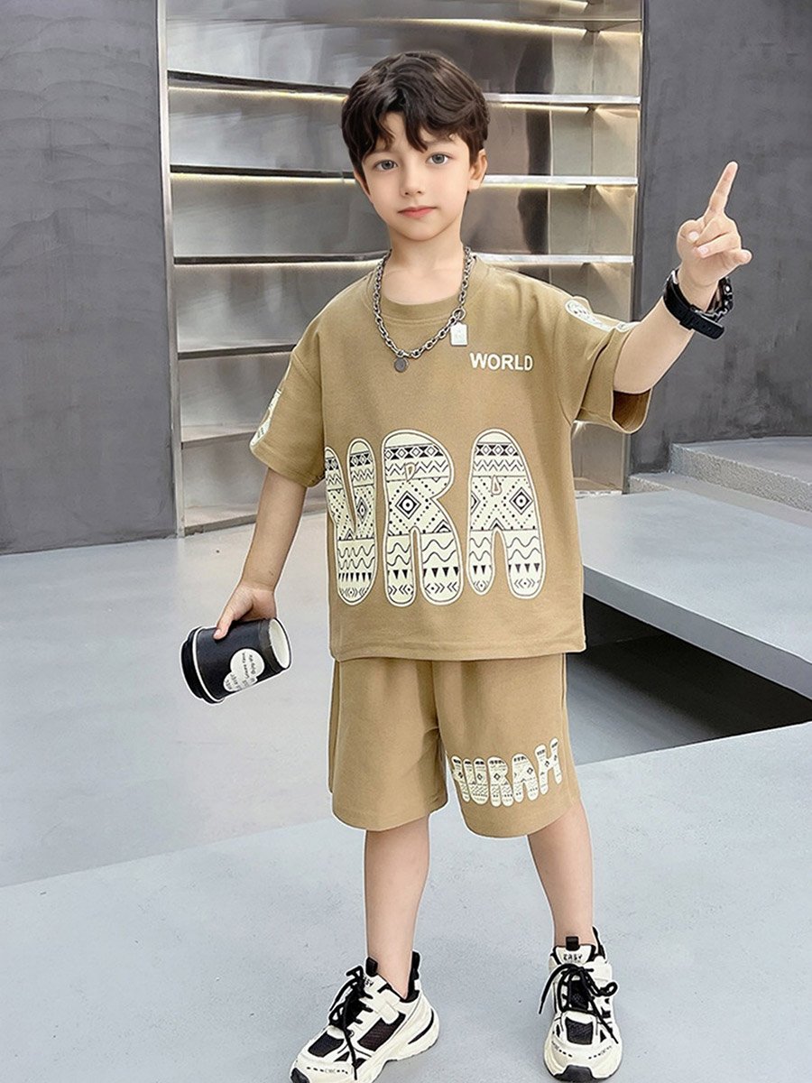 Boys Beige Graphic Print T-Shirt and Shorts Set