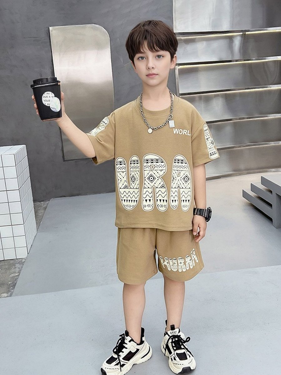 Boys Beige Graphic Print T-Shirt and Shorts Set