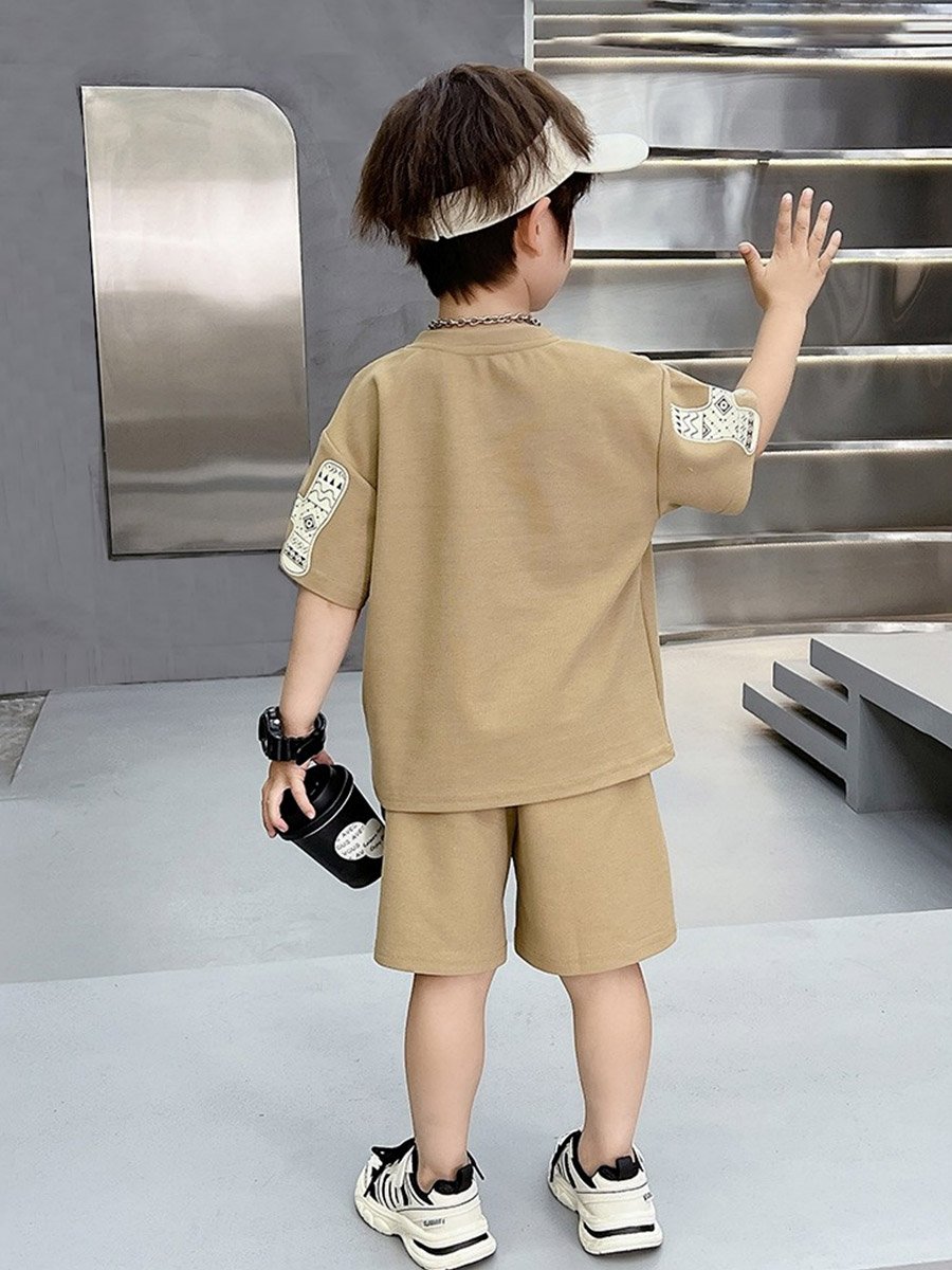 Boys Beige Graphic Print T-Shirt and Shorts Set