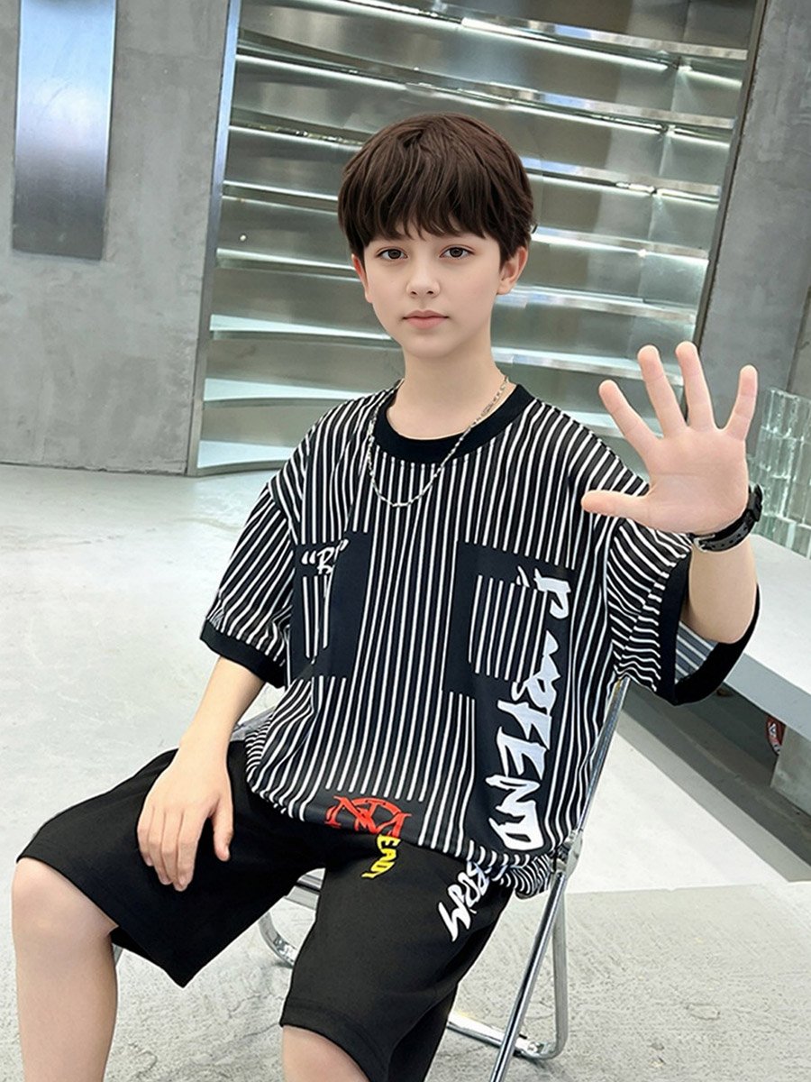 Boys Black Graphic Print T-Shirt and Shorts Set