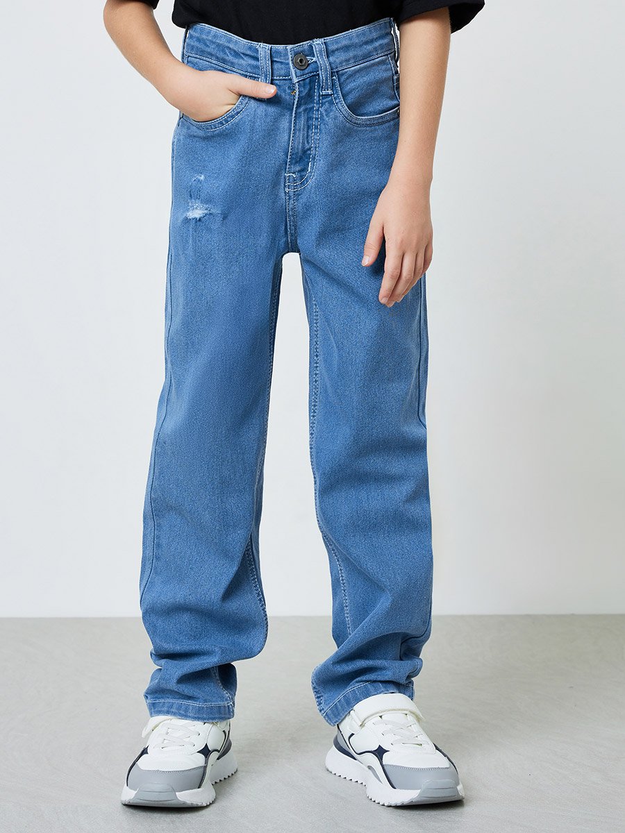 Boys Medium Blue Distressed Detail Regular Fit Jeans