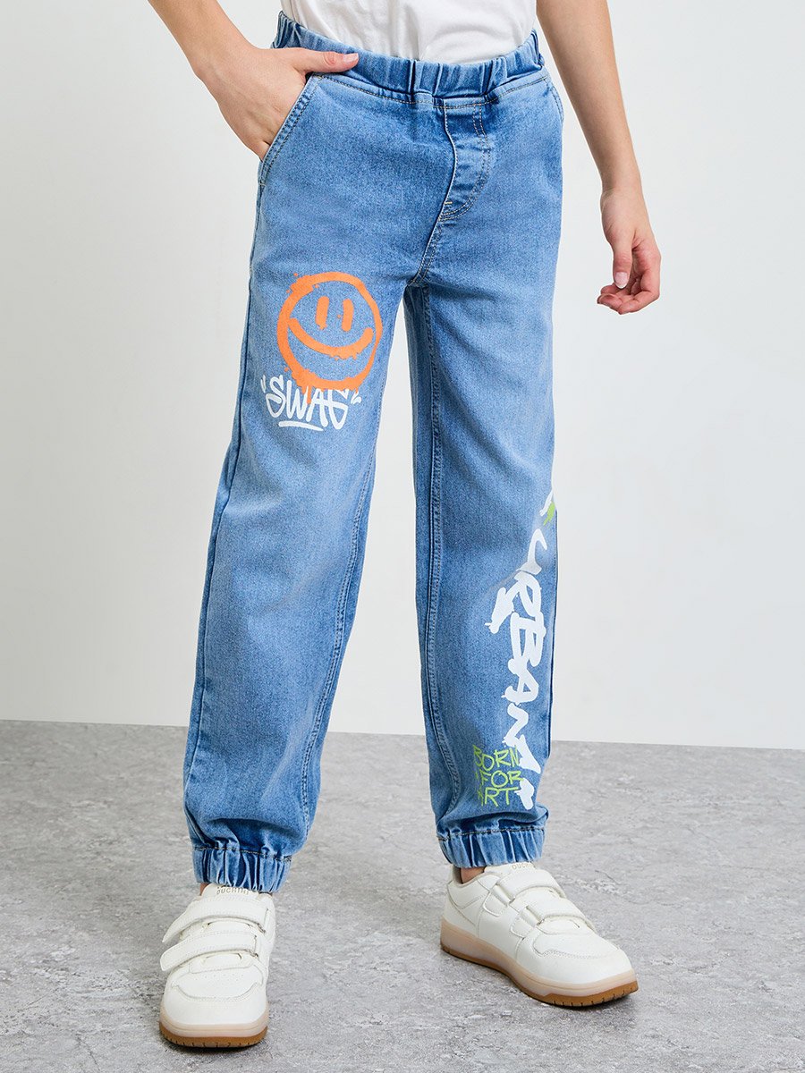 Boys Blue Graphic Print Pull-On Jeans