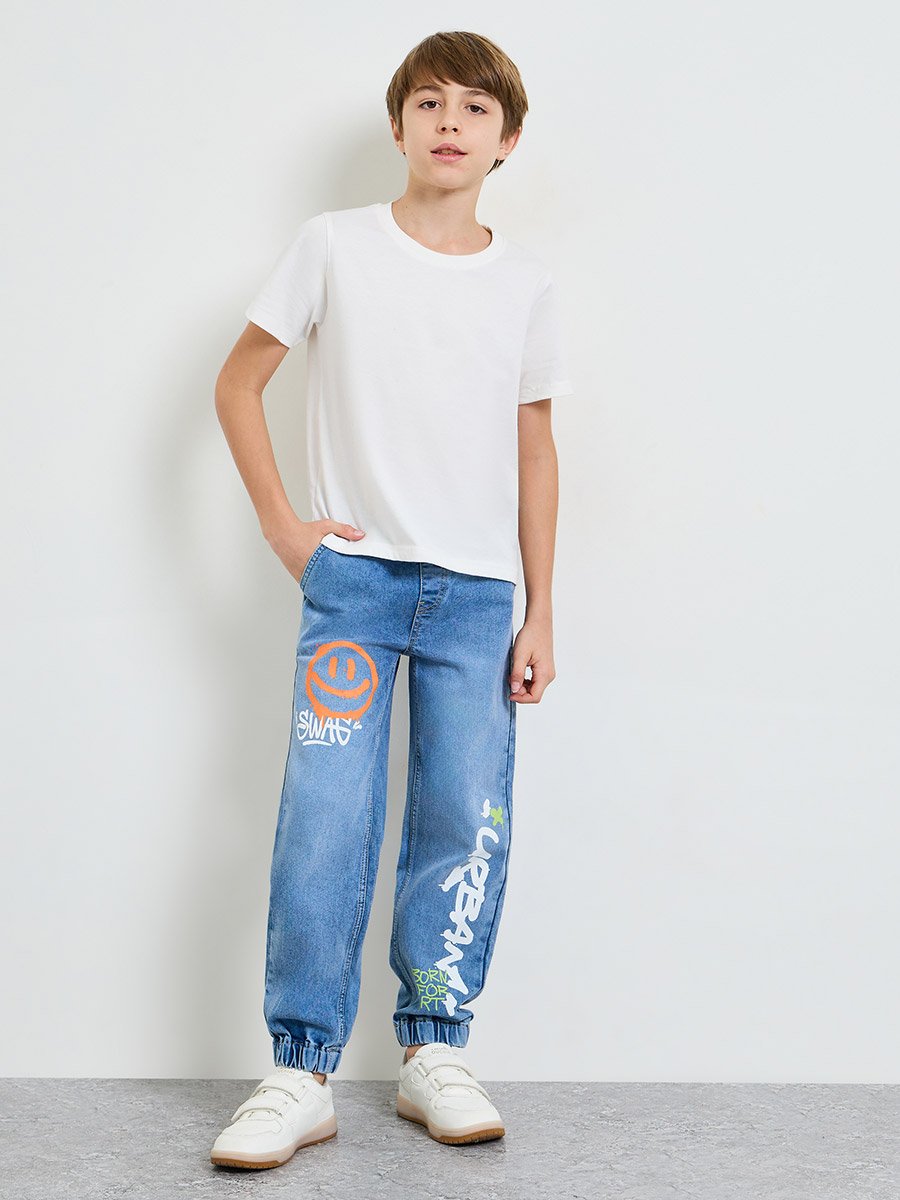 Boys Blue Graphic Print Pull-On Jeans