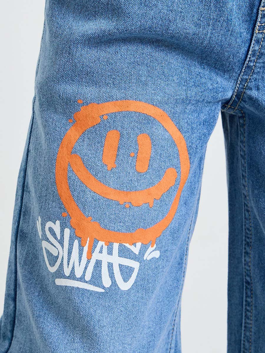 Boys Blue Graphic Print Pull-On Jeans