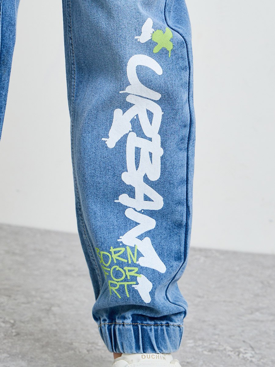 Boys Blue Graphic Print Pull-On Jeans