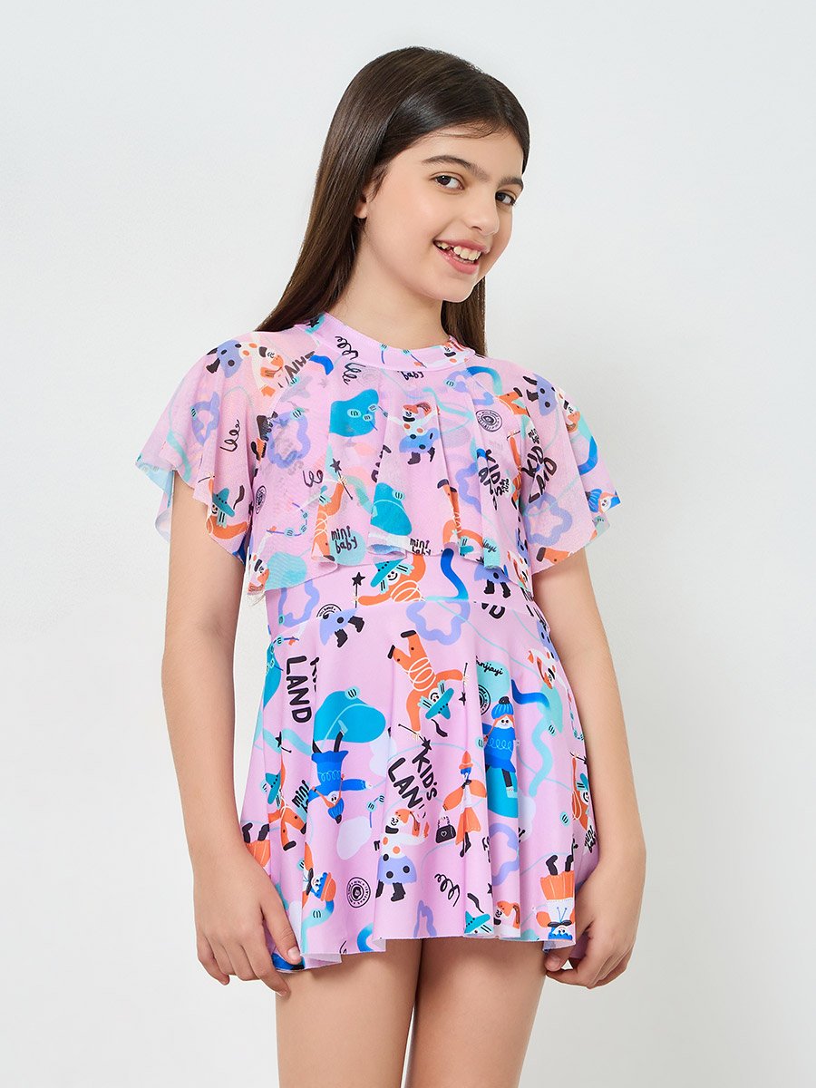 Teen Girls Printed Swimsuit with Shorts Set