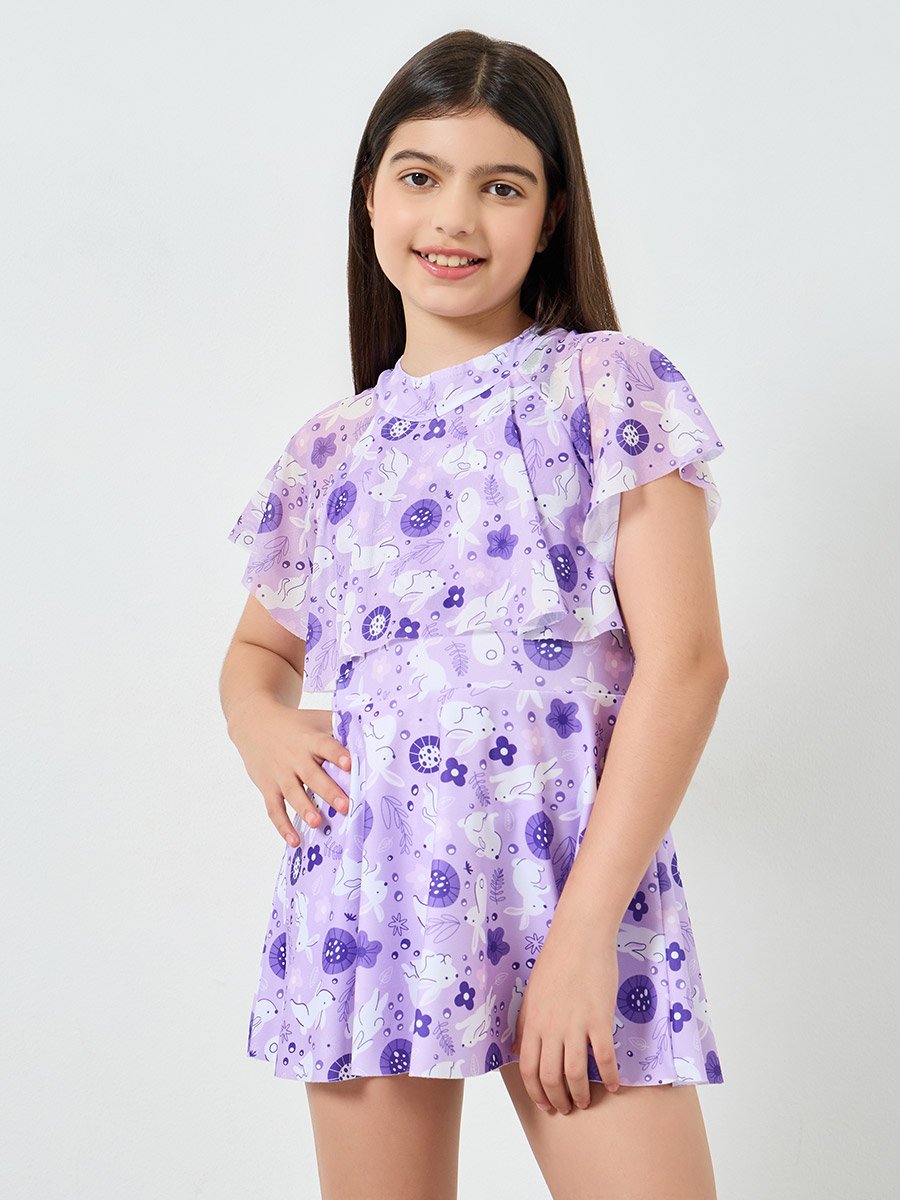 Girls Lilac Printed Swimsuit with Shorts