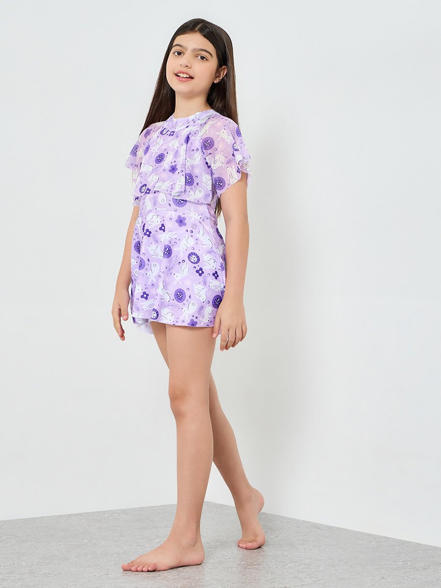 Girls Lilac Printed Swimsuit with Shorts