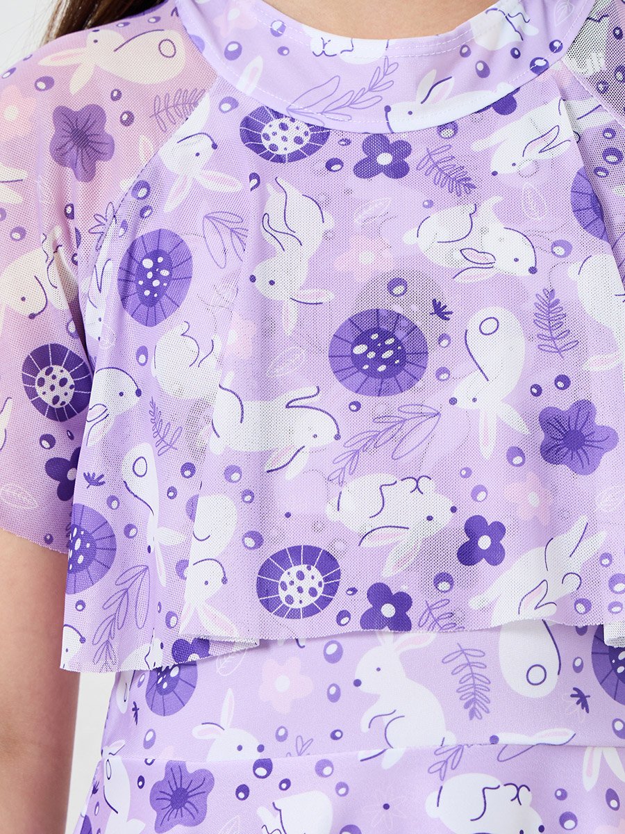 Girls Lilac Printed Swimsuit with Shorts