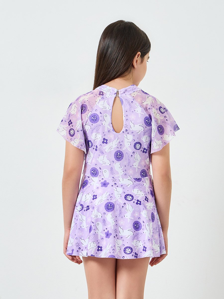 Girls Lilac Printed Swimsuit with Shorts