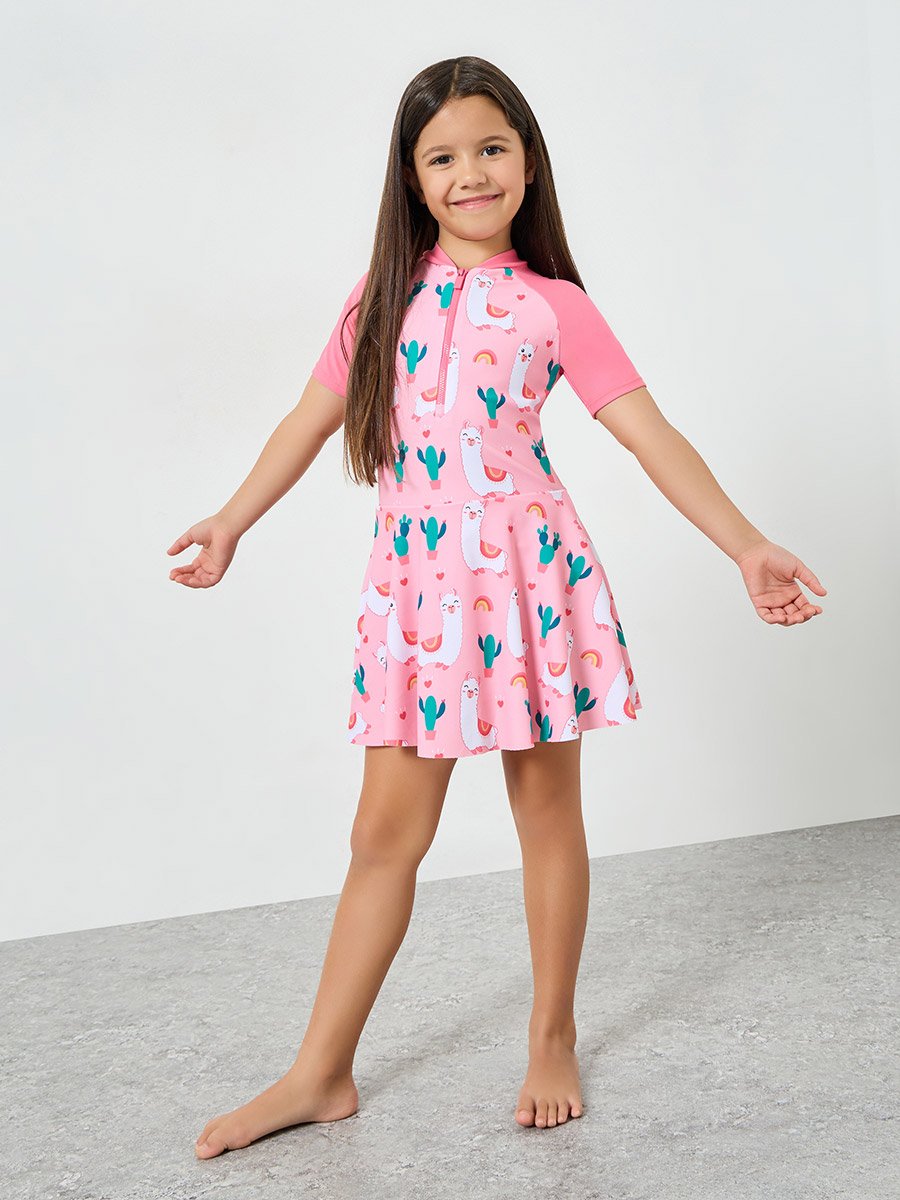 Girls Pink Llama Print Swimsuit with Front Zip