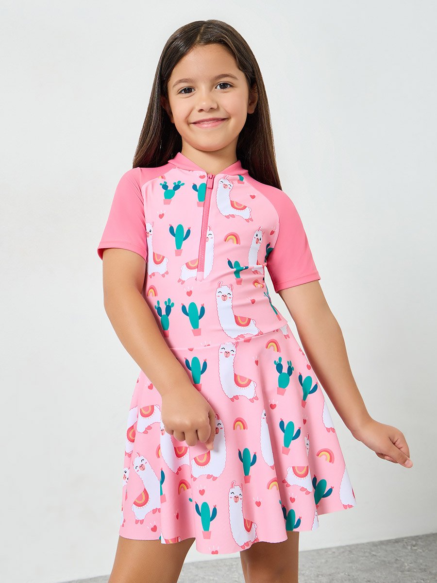Girls Pink Llama Print Swimsuit with Front Zip