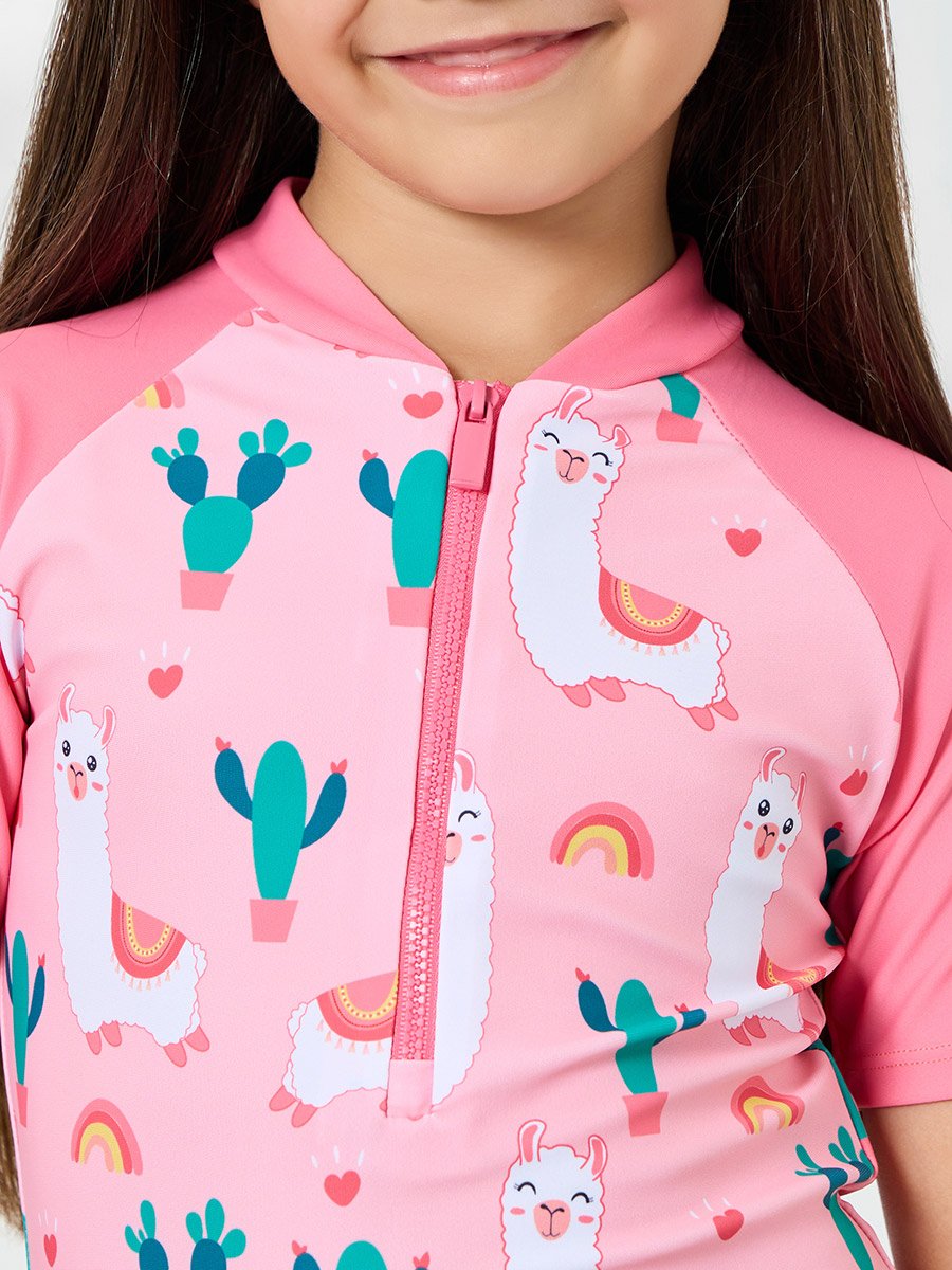 Girls Pink Llama Print Swimsuit with Front Zip
