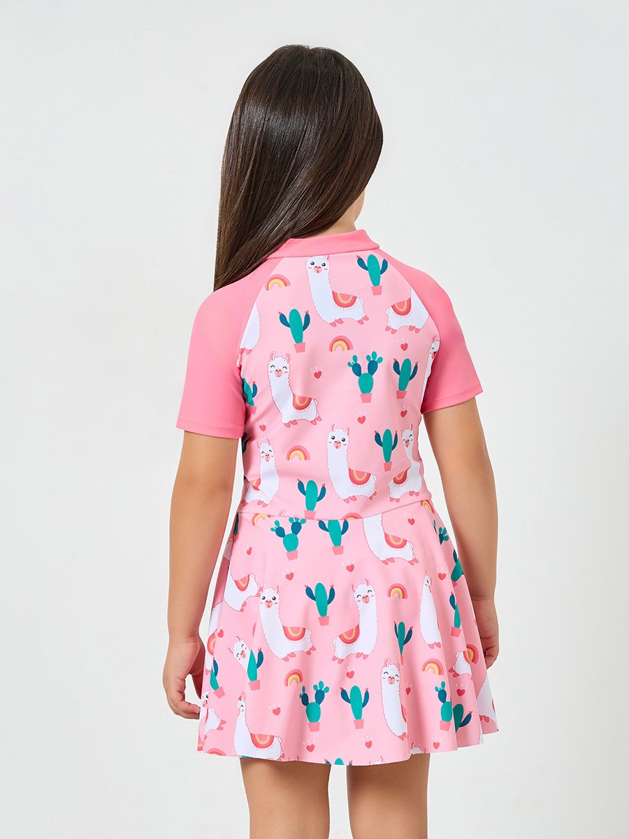 Girls Pink Llama Print Swimsuit with Front Zip