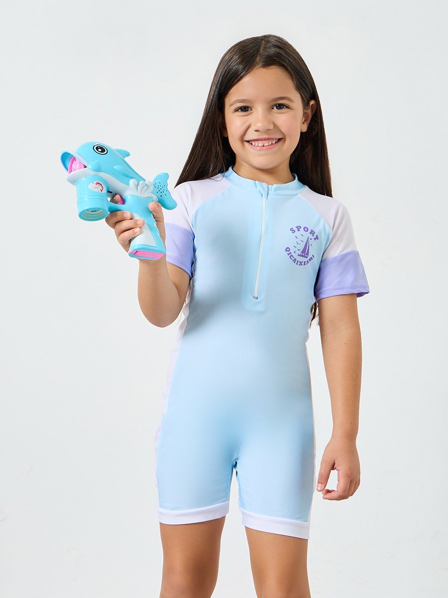 Girls Round Neck Swimsuit with Front Zip