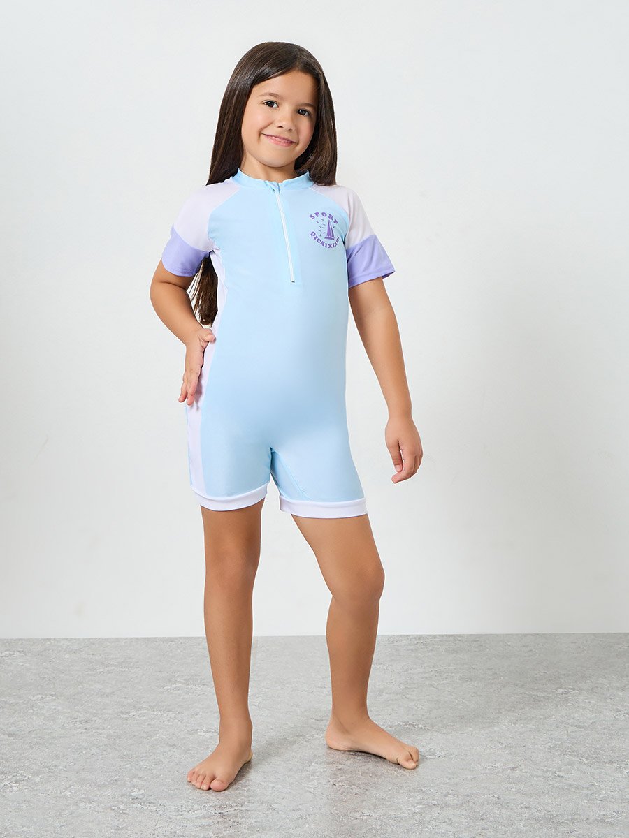 Girls Round Neck Swimsuit with Front Zip