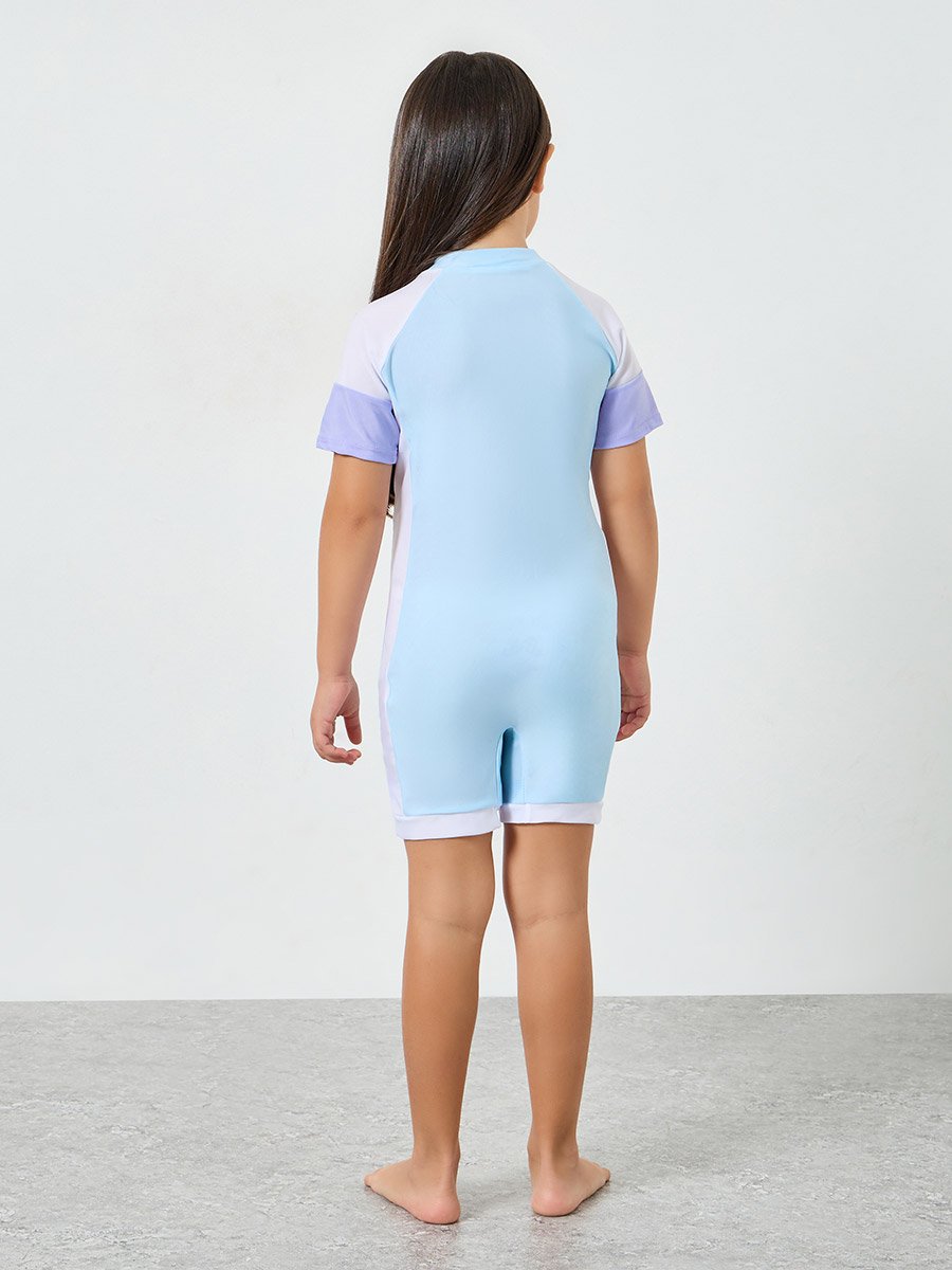 Girls Round Neck Swimsuit with Front Zip