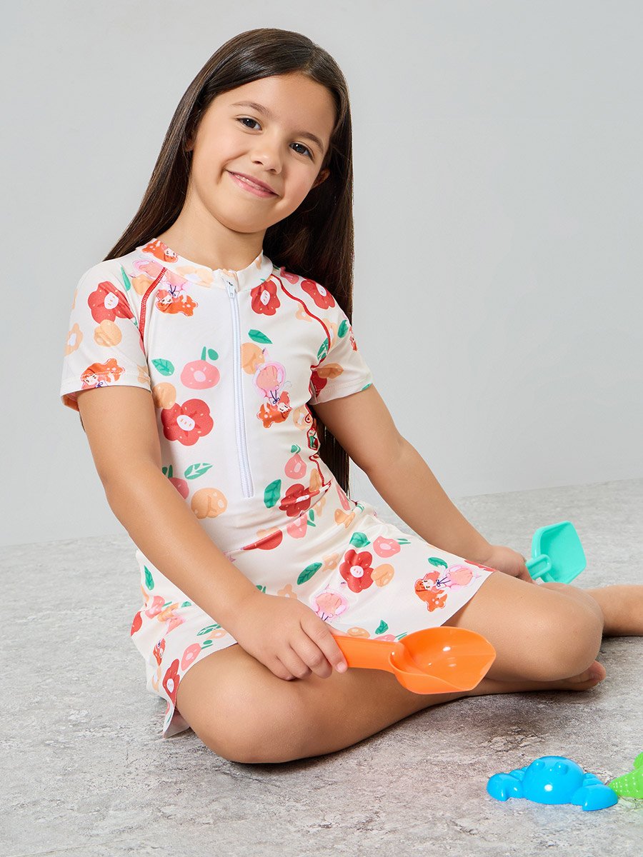 Girls Floral Swimsuit with Cap