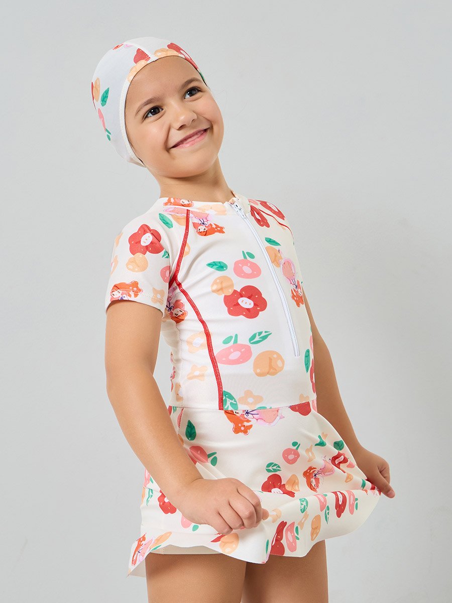 Girls Floral Swimsuit with Cap