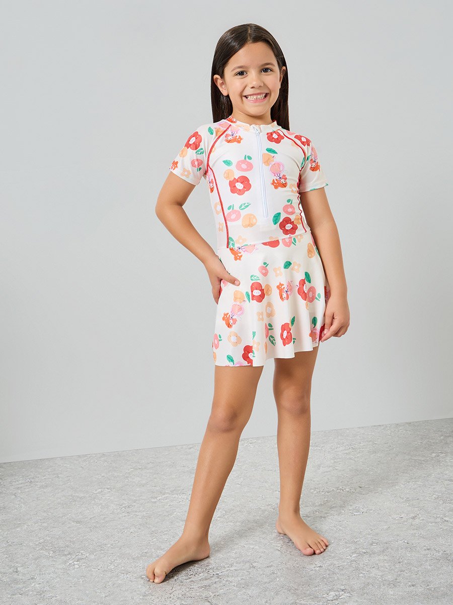 Girls Floral Swimsuit with Cap