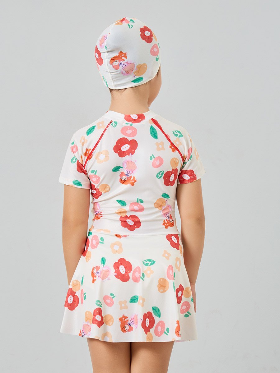 Girls Floral Swimsuit with Cap