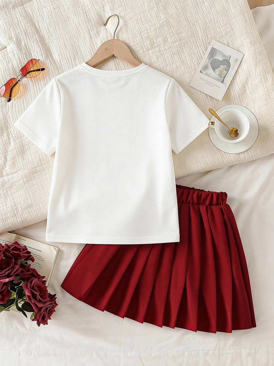 Girls Bow Detail T-Shirt and Pleated Skirt Set