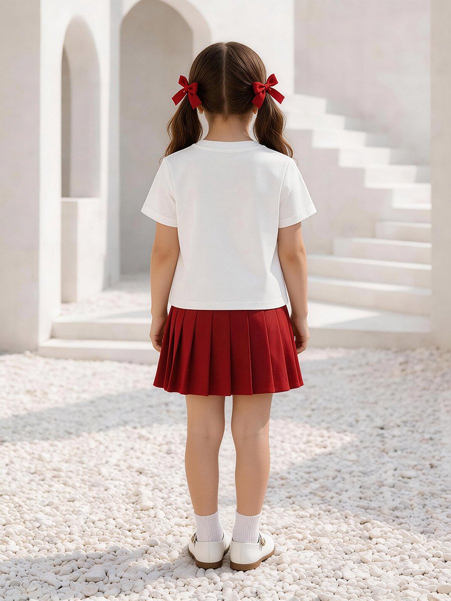 Girls Bow Detail T-Shirt and Pleated Skirt Set